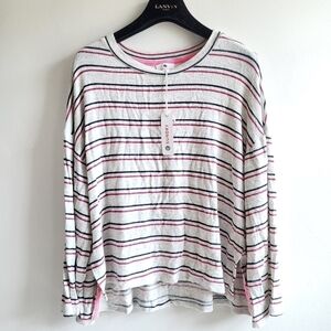New Sundry Striped Navy/Pink Side Slits Crewneck Long Sleeve Pullover Sweatshirt